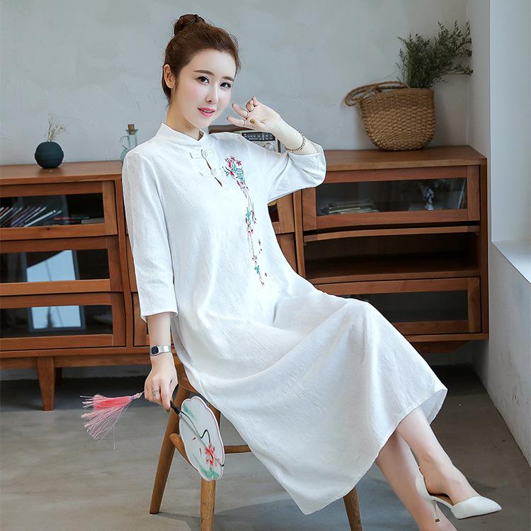 2024 Summer Women s Plus Size Cotton Linen Embroidered Mid-Length Dress - Ethnic Style Tea Ceremony Attire XL белый