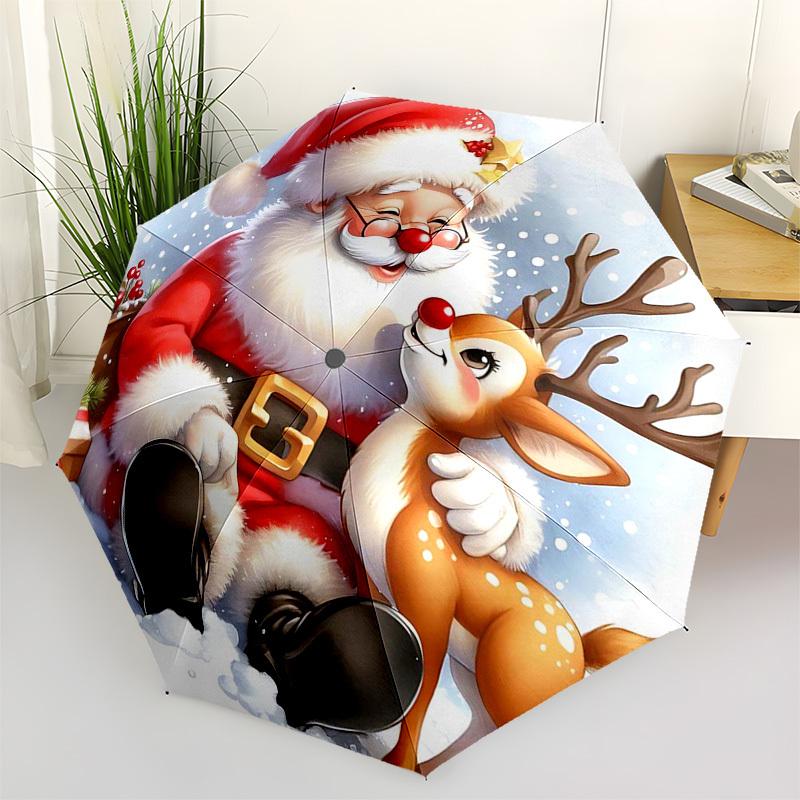 1pc Christmas Santa Claus Deer Automatic Opening/Closing Umbrella, Portable Tri-Fold Design with 8 Iron Ribs, Outdoor, Gift for Fans, Travelers, Daily
