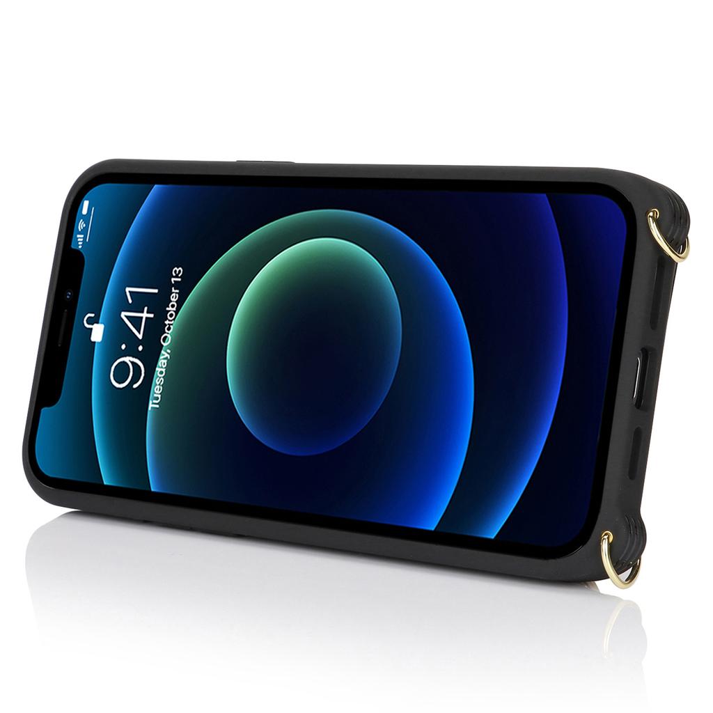 For iPhone 13 Mini Case Card Bag Zipper Pocket Leather+TPU Ring Holder Phone Cover with Long Strap