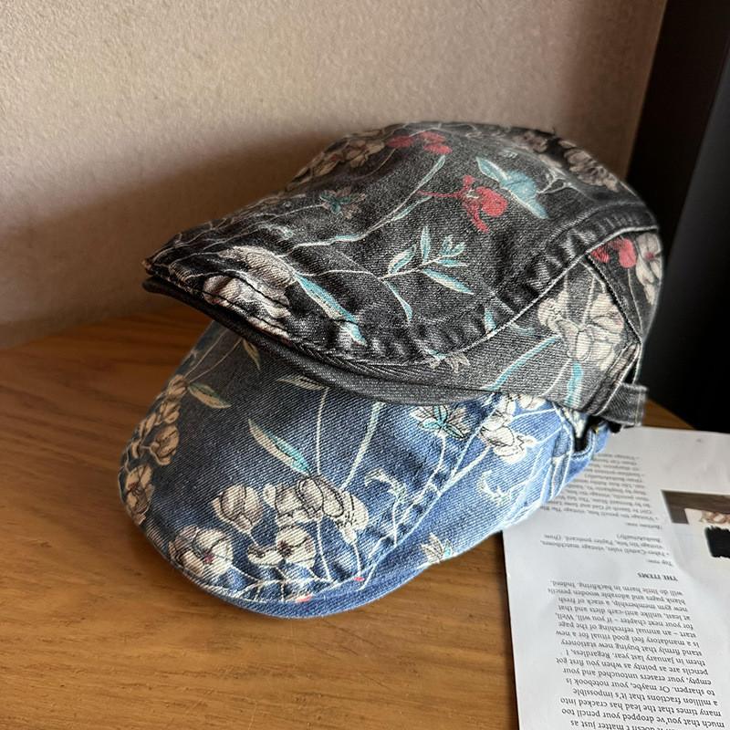 Ethnic Style Denim Cotton Cap With Floral Print For Streetwear And Sun Protection