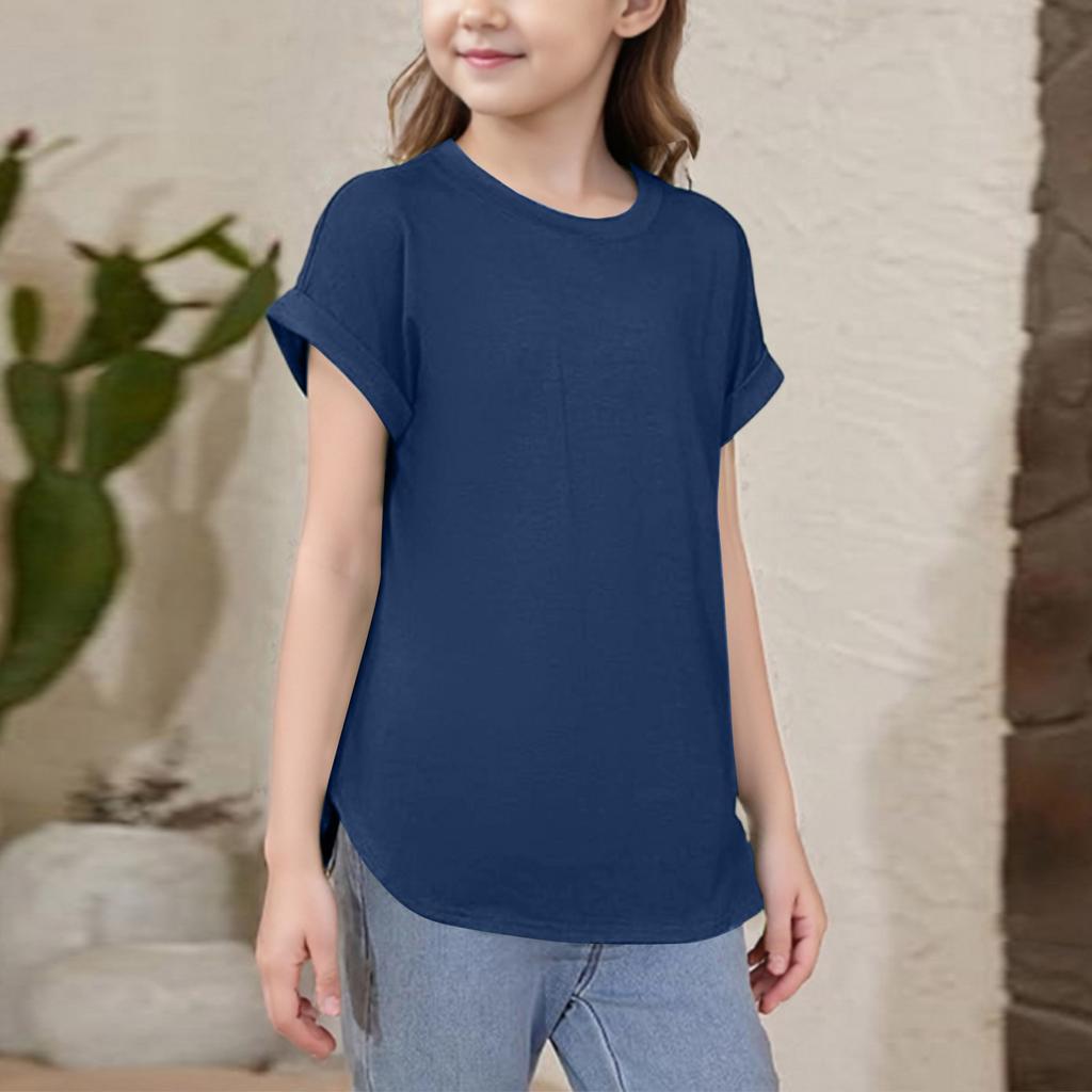 Girls Short Sleeve T Shirts Kids Crewneck Curve Summer Tees Hem Tops Sleeve T Shirts