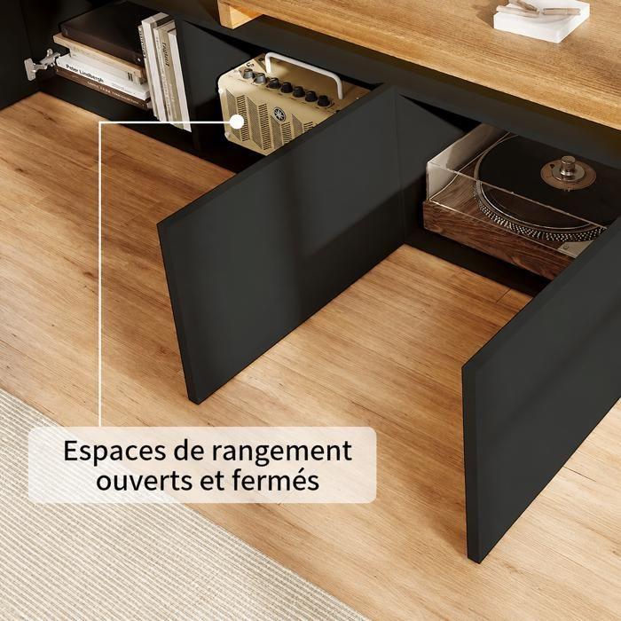 Meuble TV avec LED, 200x39x42 cm, Design Moderne en Bois, 2 Portes, Rangement Ouvert, Idéal pour Salon, Noir et Bois