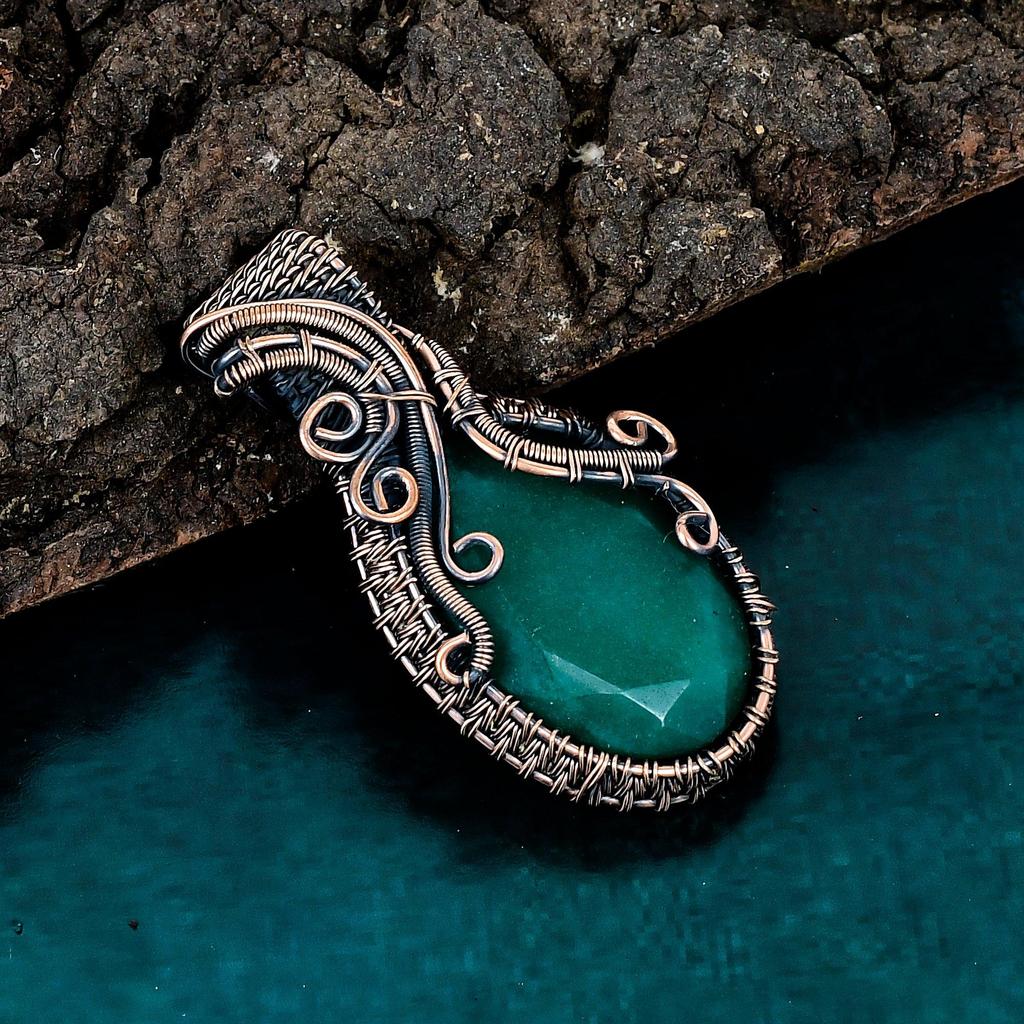 Faceted zambian emerald pendant copper wire wearing pendant gemstone jewelry handmade jewelry chain pendant antique jewelry gift for women