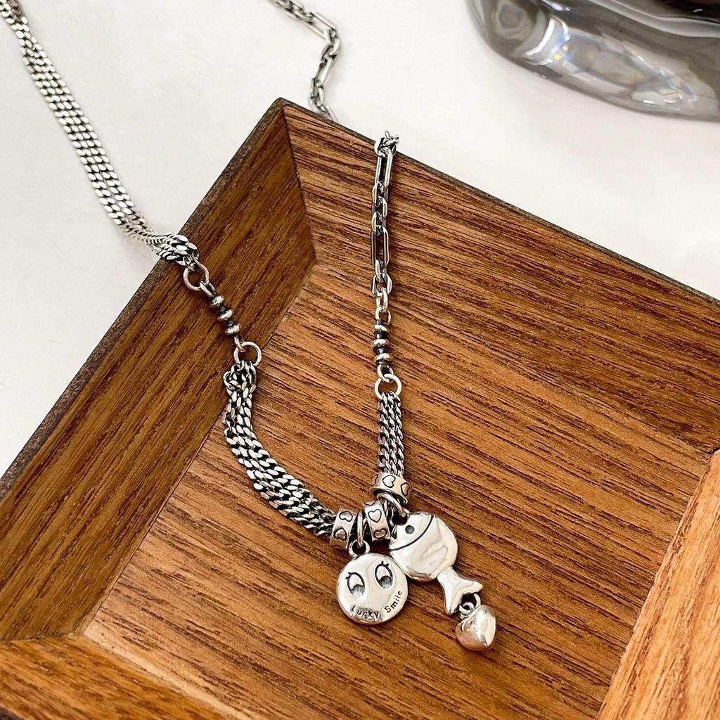 S925 Sterling Silver Heavy Industry Smiley Face Necklace Women's 2022 Retro Thai Silver Clavicle Chain