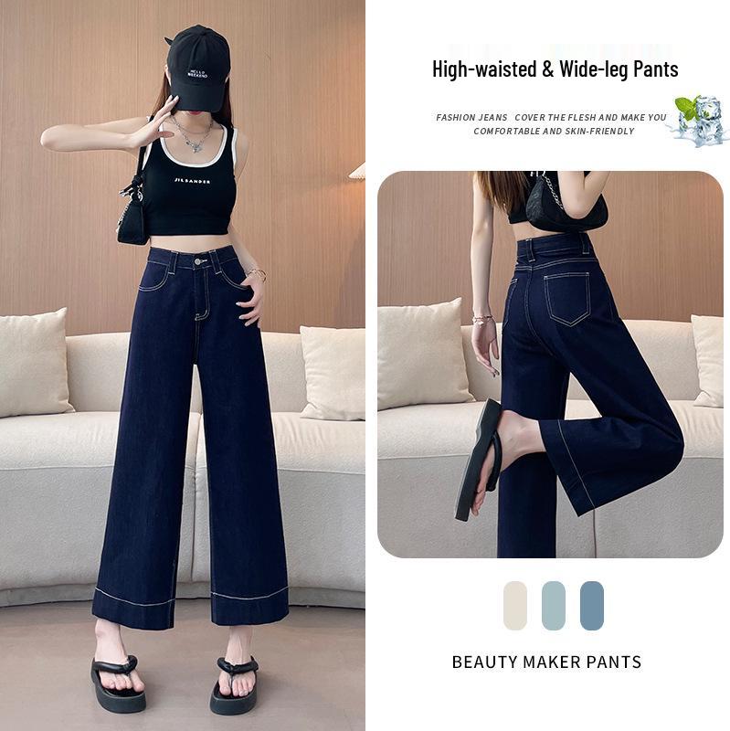 

Women s Dark Blue High-Waisted Wide-Leg Summer Jeans - Slimming, Petite, Eight-Point Length. XL
