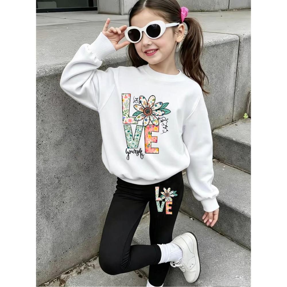 Girls' Letter Graphic Casual Comfortable Soft Loose Pullover Sweatshirt and Leggings 2-Piece Set, New Autumn/Winter, Playful, Sweet and Cool Style
