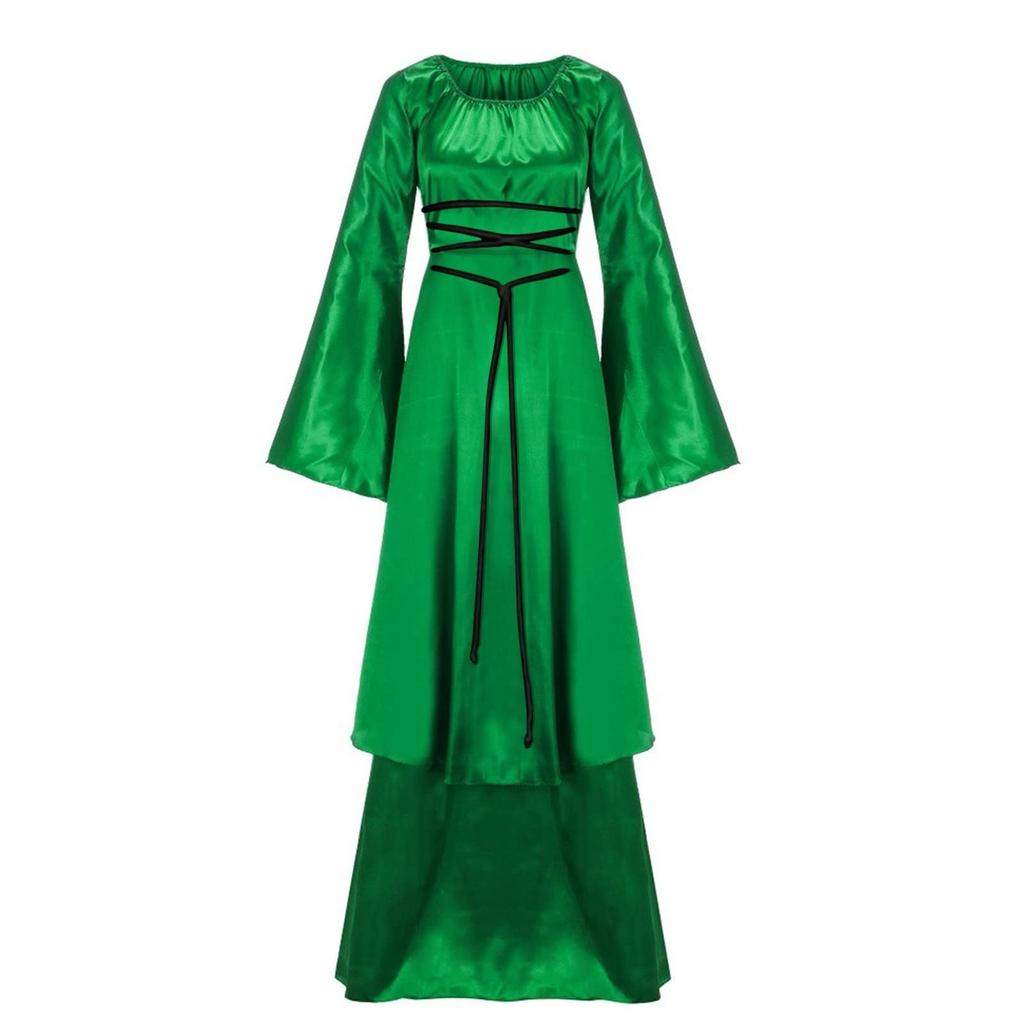 Elegant Dress Long-Sleeved Square-Neck Belted Irregular Dress Retro Clothing Halloween Cosplay Party Comfortable Dress