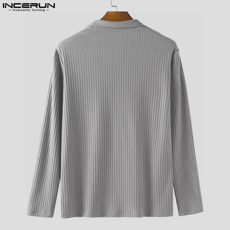 INCERUN Autumn Winter Men Lapel Neck Long Sleeve Casual Texture Rib Pullovers Tops