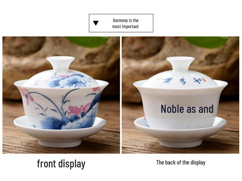 Blue and White Ceramic Gaiwan Tea Set: Small Tea Bowl & Tasting Cup with Concave Lid.
