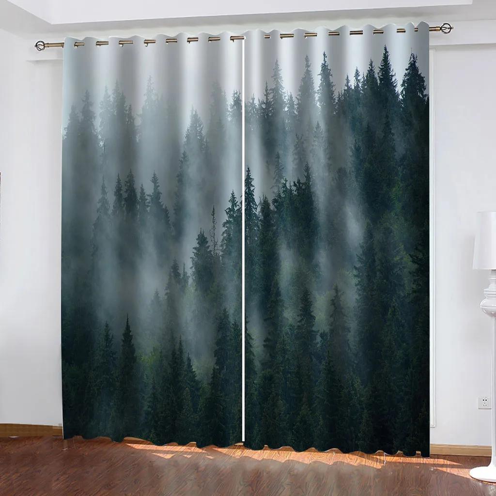 

2 шт. шторы с изображением природы, леса, реки, для спальни, балкона, гостиной, занавеска для окна с принтом зеленого леса W60H60(CM)x2pcs&Grommet Top