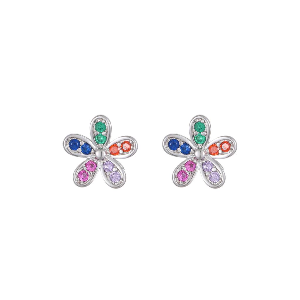 Luxury 18K Gold Plated S925 Silver Rainbow Flower Cluster Stud Earrings, Sparkling Multi-Color CZ Floral Earrings for Women