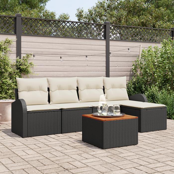 VidaXL Ensemble de Canapé de Jardin 6 Pièces avec Coussins Noir Poly Rattan Acacia 3347565