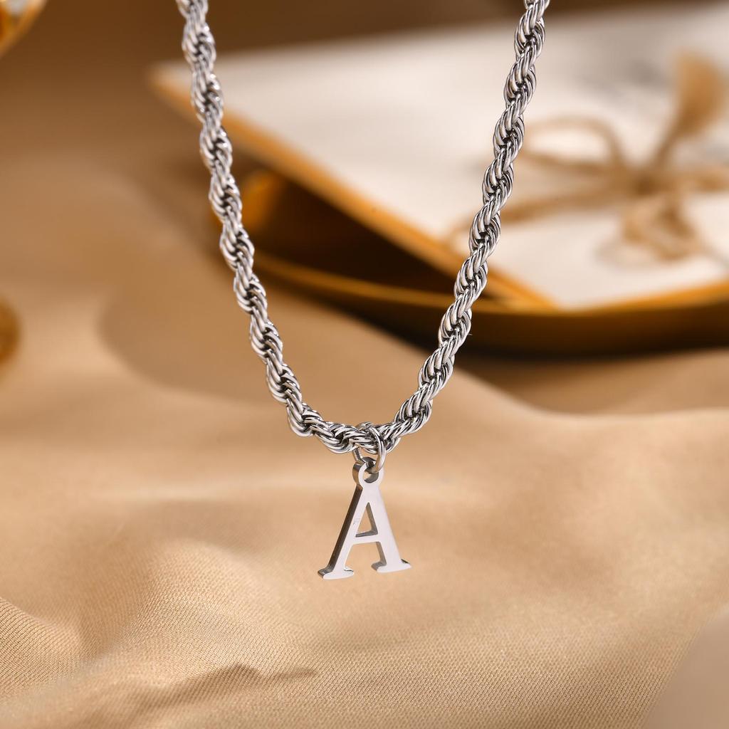Initial Letters Necklaces for Men Boys,Stainless Steel A-Z 26 Alphabet Charm Pendant with 60CM/23.6" Twisted Rope Chain Gift