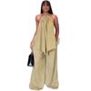 European and American Women's Clothing Autumn New Fashion Casual Neck Loose Top Striped Wide-leg Pants Set