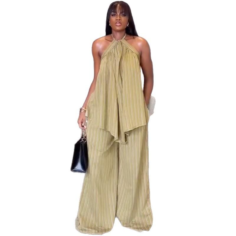European and American Women's Clothing Autumn New Fashion Casual Neck Loose Top Striped Wide-leg Pants Set