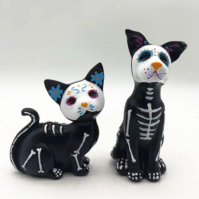 Day of The Dead Dog and Cat Figurine Halloween Statue Sugar Skulls Animal Statue Resin Crafts Home Desk Decorations