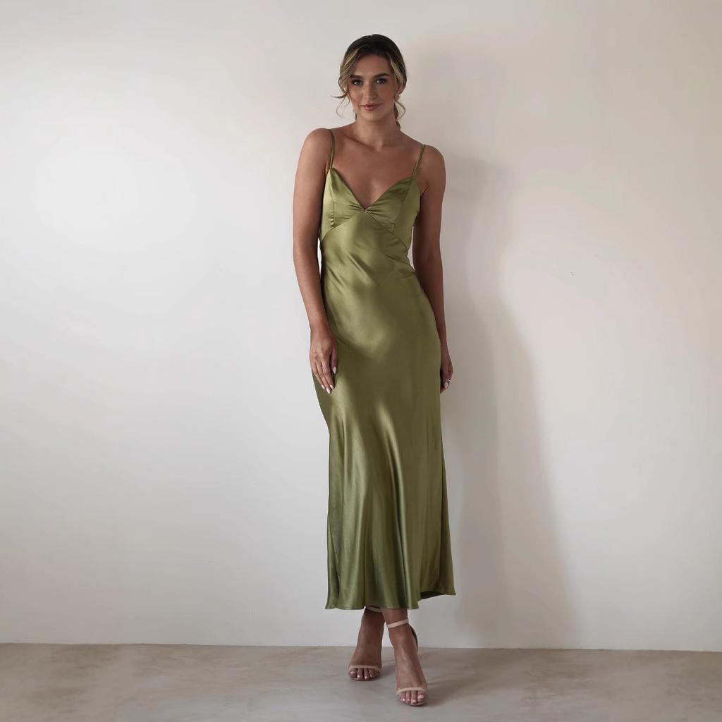 A New Style of Dress with Strappy Satin Finish, A Fashionable Backless Strappy Cinched-waist Dress