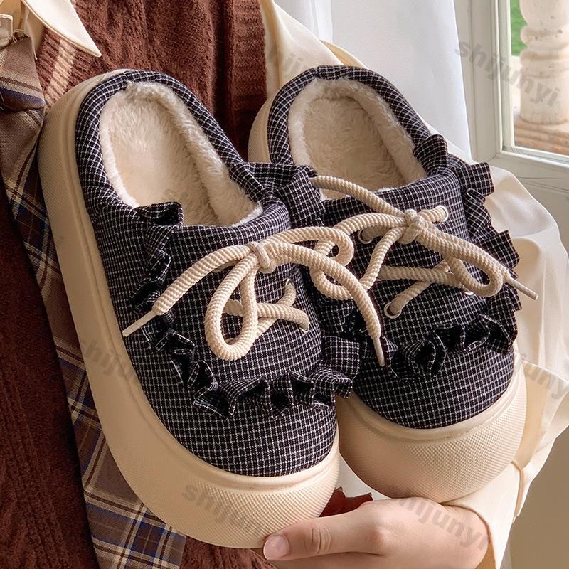 Fashion Women Cute Bowtie Mary Jane Cotton Slippers 2025 Winter Soft Thick Bottom Outdoor Slippers Woman Non-Slip Flat Heels House Shoes