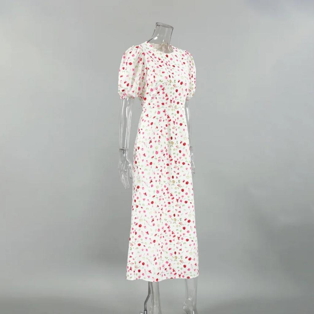 LYRIA Printed Floral Long Dress for Women Slim High Waist Puff Short Sleeve Dress Fashion Commuting Dress Fmale