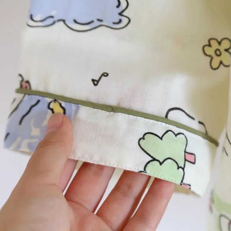 Spring and Summer New Women's Pajamas Set 100% Cotton Double-layer Gauze Long-sleeved Two-piece Set Cartoon Cute and Sweet Home