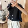 Johnature Simple Shirts Women Summer Mori Vintage Casual Ruffles Collar Loose Solid Color Short Sleeve Female Tops