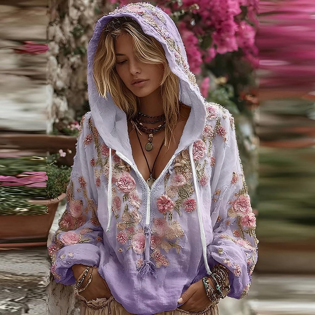 Damenmode Langarm Kapuzenpullover Vintage Blumendruck Lässiges Sweatshirt Oberteil