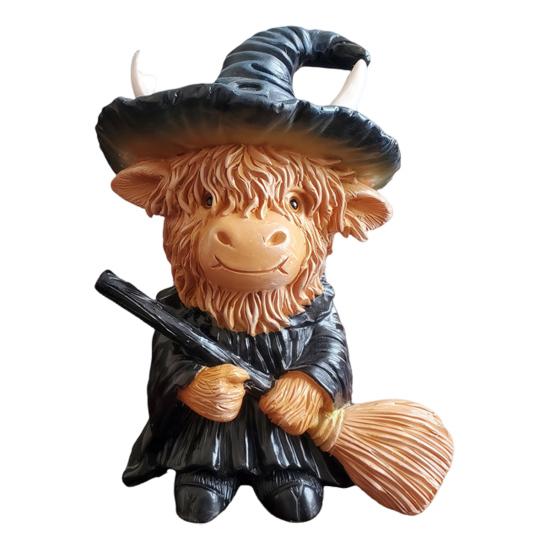 Halloween Highland Cow Resin Figurine Wizard Hat Pumpkin Broom Cattle Statue Sculpture Holiday Party Decoration Ornament