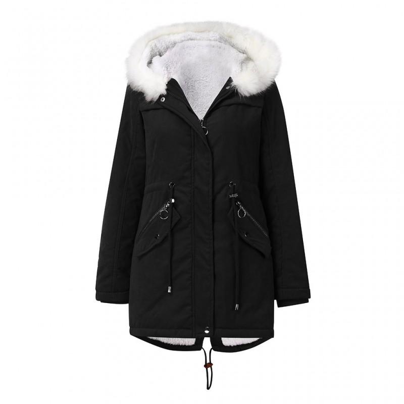 Womens Warm Parka Coat With Faux Fur Collar Hooded Mid-Length Cotton Padded Winter Outerwear