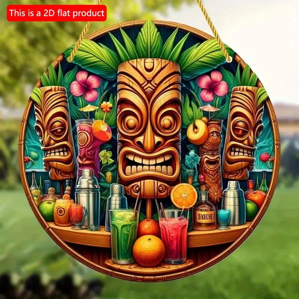 1pc 2d Flat Hawaiian Tiki Mask Bar Sign - 20cm Round Wood Art Decoration for Home, Garage, Cafe, Restaurant, Bar, BBQ, Beach, Resort Decoration
