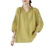 Real Shot Summer New Literary Loose Embroidery Flower Cotton and Linen V-neck Seven-quarter Sleeve T-shirt Women's Shirt Top