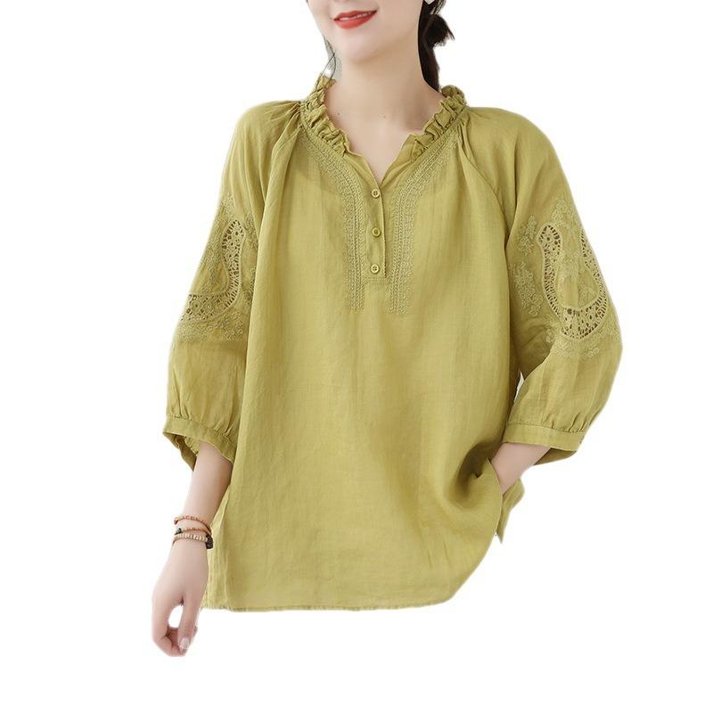Real Shot Summer New Literary Loose Embroidery Flower Cotton and Linen V-neck Seven-quarter Sleeve T-shirt Women's Shirt Top