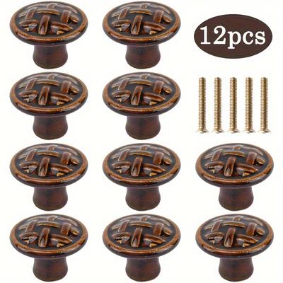 12 sztuk Ceramiczne Okrągłe Gałki Szafkowe, Gałki Komody Vintage, Uchwyty Szuflady ze Śrubami, Okucia Meblowe Akcesoria Dekoracyjne, Brązowe