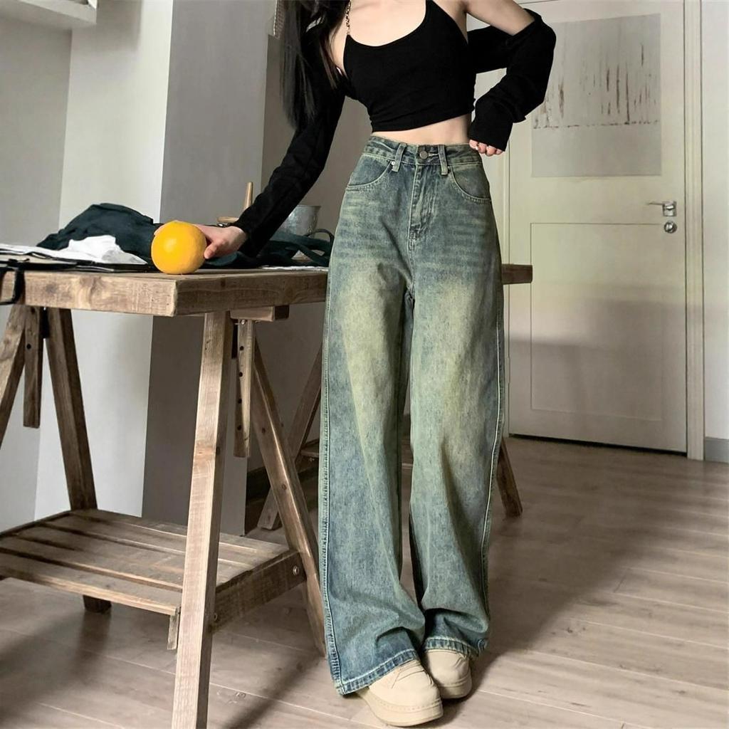 Nostalgia Straight Jeans Women Spring and Autumn Outside Wear Pear-shaped Casual Retro Loose Drag Ground Wide Leg Trousers Long Denim Pants