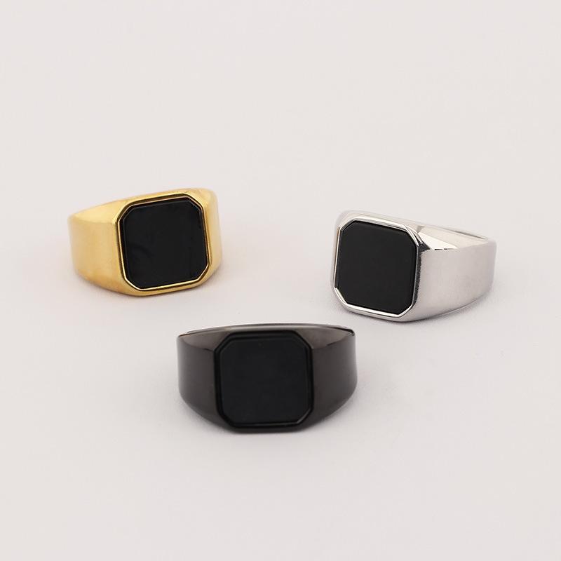 Bold Vintage Amber Stone Men's Ring Black Onyx Stainless Steel Square Hip-Hop Jewelry Gothic Punk Biker Accessory