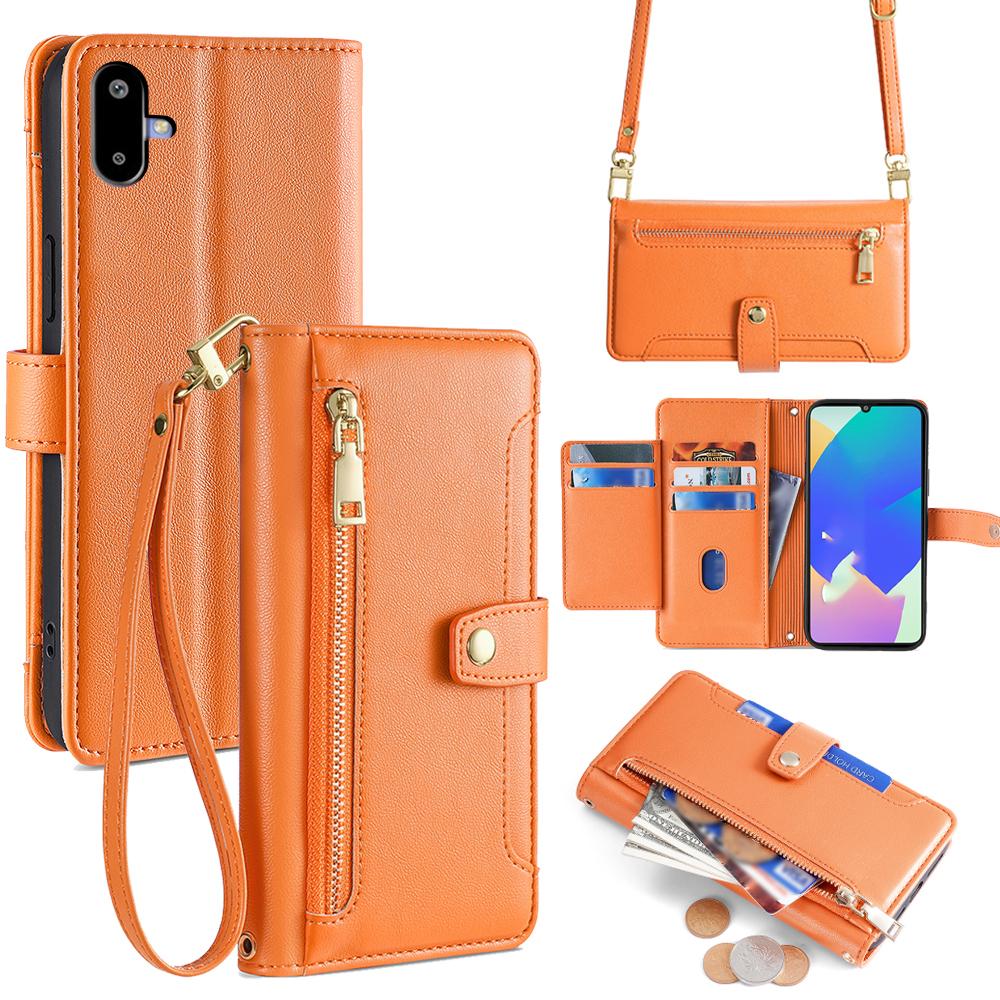 For Samsung Galaxy F06 5G Leather Case Zipper Pocket Wallet Phone Cover with 2 Straps