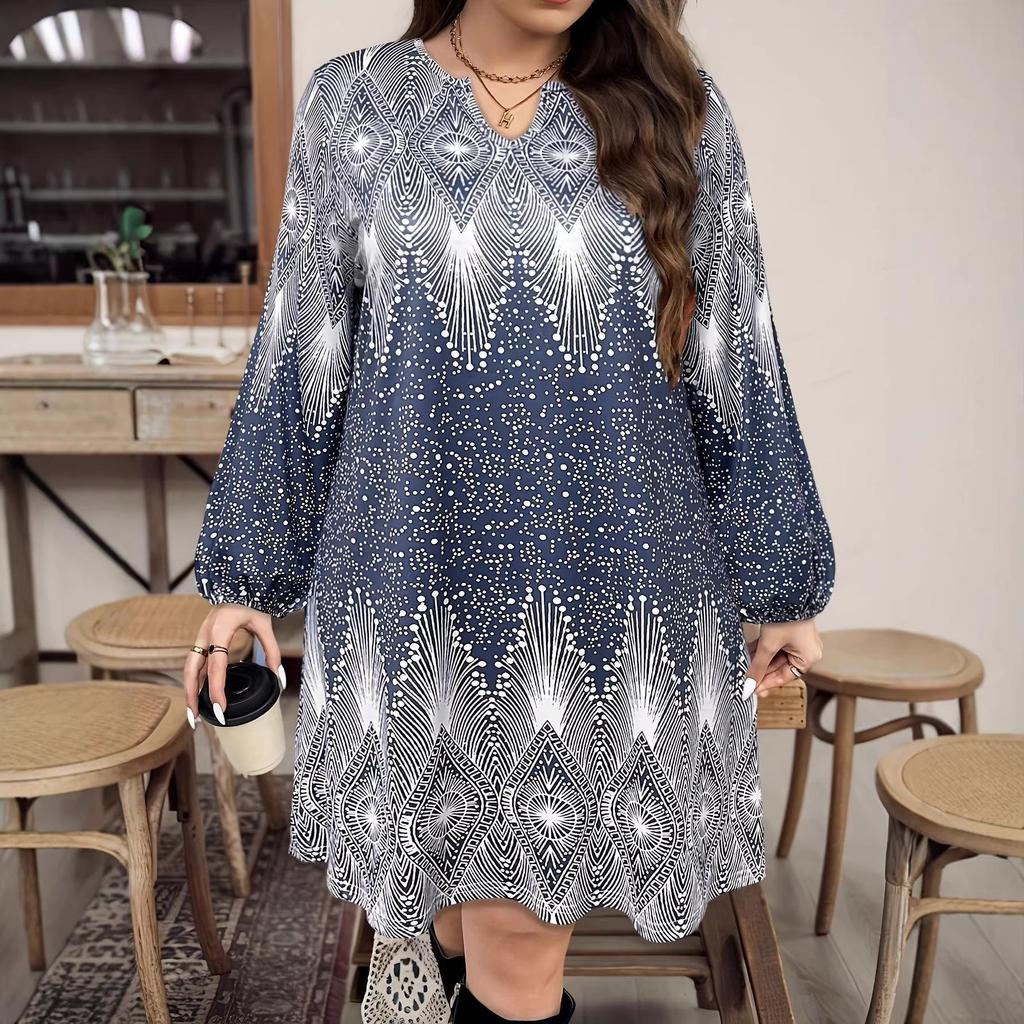 Plus Size Women's Retro V-Neck Long Sleeve Dress, Perfect for Parties and Daily Wear