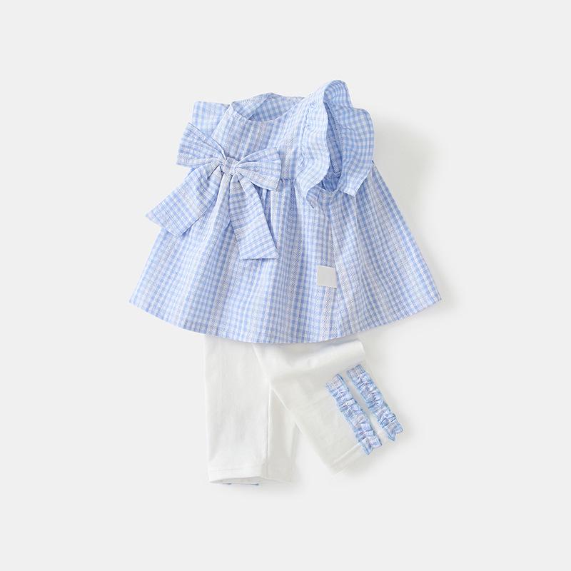 

Летний комплект одежды для девочки ясельного возраста в клетку с рукавами-крылышками (1-3 года) - Корейский модный костюм-двойка 110 cm