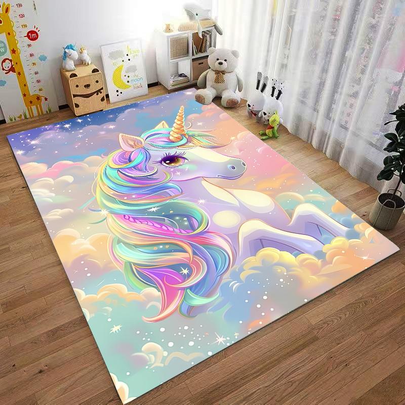 Colorful Unicorn In Starry Sky Fantasy Clouds Carpet Print Design Suitable for Use As an Anti-slip for Living Room Bedroom Sofas