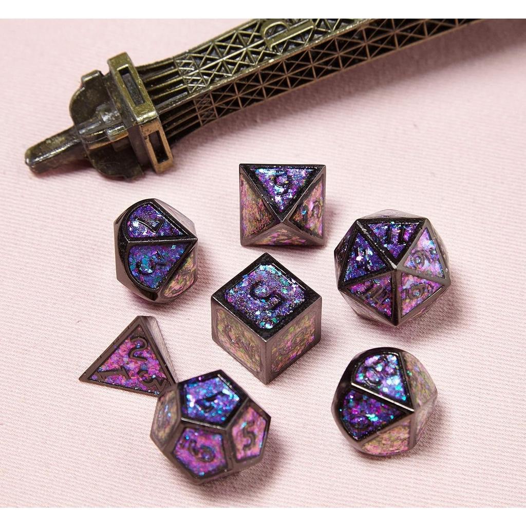 DND Polyhedral Metal Game Dice Glitter with Numbers 7pcs Set for Dungeons and Dragons RPG MTG Table Games D&D Pathfinder Shadowrun and Math Teaching