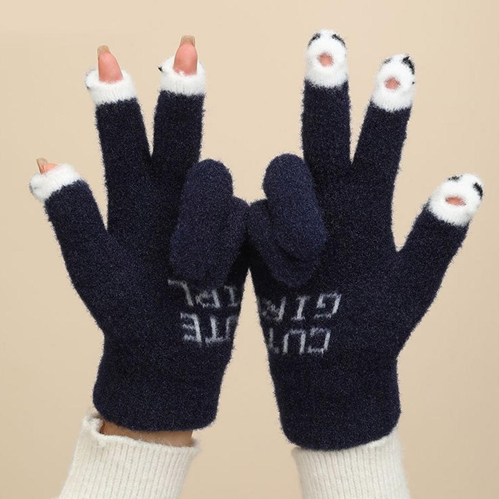 Knitted Touchable Screen Gloves Winter Full Finger Mittens Stretchy Warm Three Finger Exposed Gloves for Girls Teens