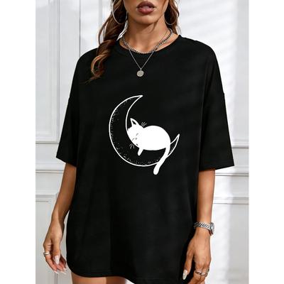 White T-Shirt With Cat And Moon Print For Casual Wear