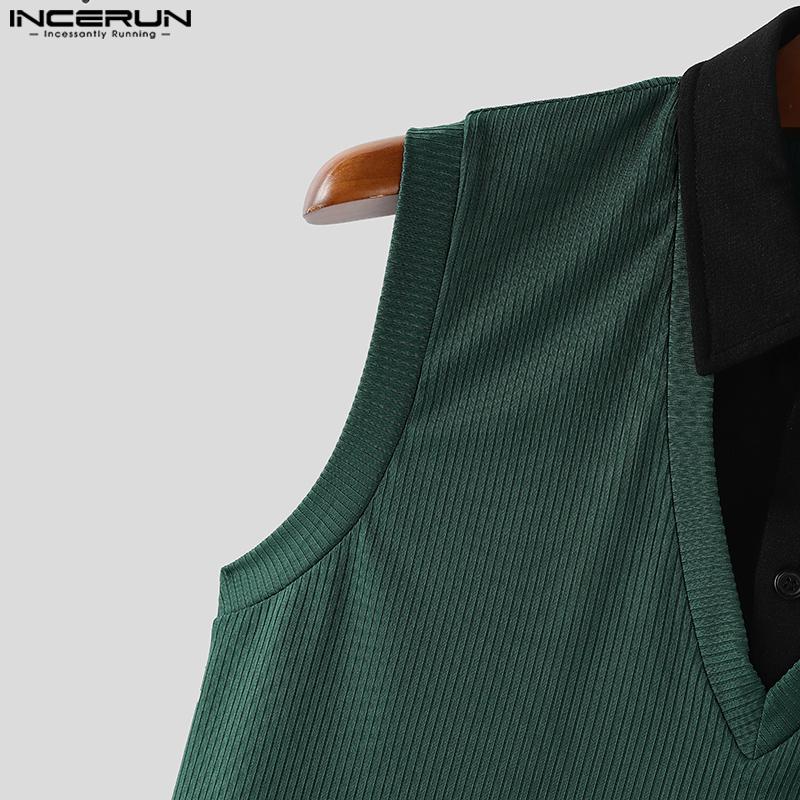INCERUN Canotte a Costine Casual Larghe da Uomo con Risvolto Scollo a V Senza Maniche Cuciture