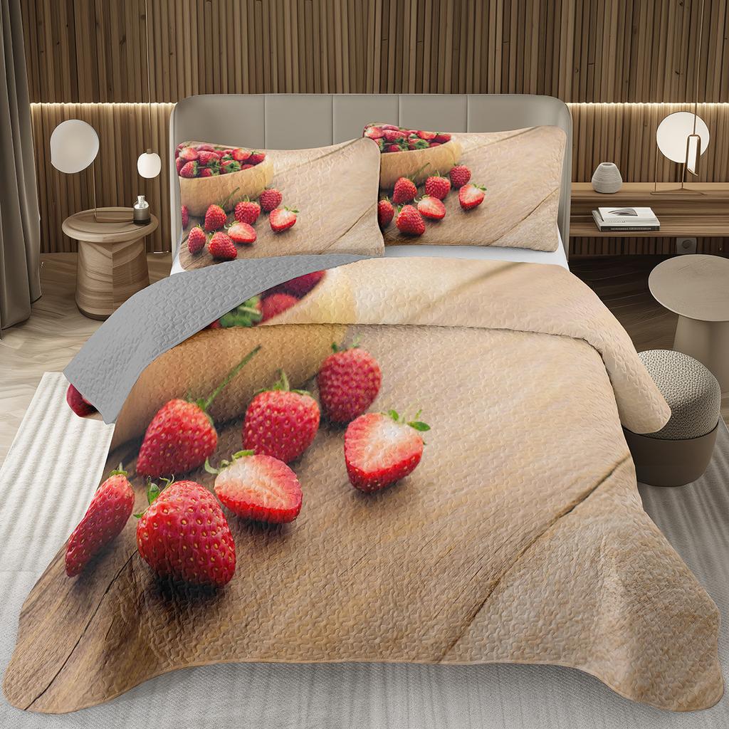 Strawberry Bedspread Kawaii Fruit Coverlet Twin King Size Cute Strawberries Quilt Set For Kids Girls Teens Adult Bedroom Decor