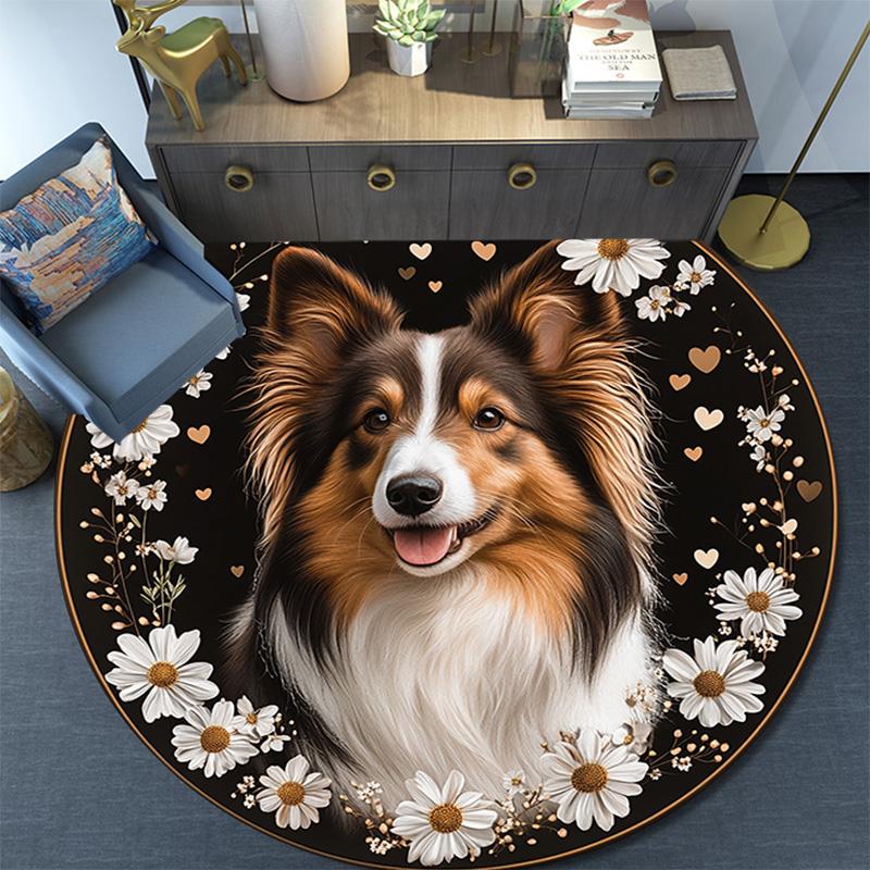 Collie Dog Round Area Rug,Carpet Rug for Living Room Bedroom Sofa Playroom Decor,Non-slip Floor Mat