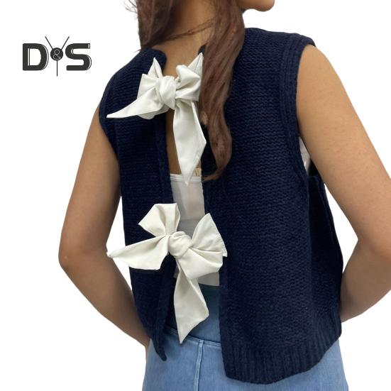 Women Knitted Vest Round Neck Sleeveless Crop Tank Back Bow Tie Decor Hollow Back Solid Color Sweater Vest