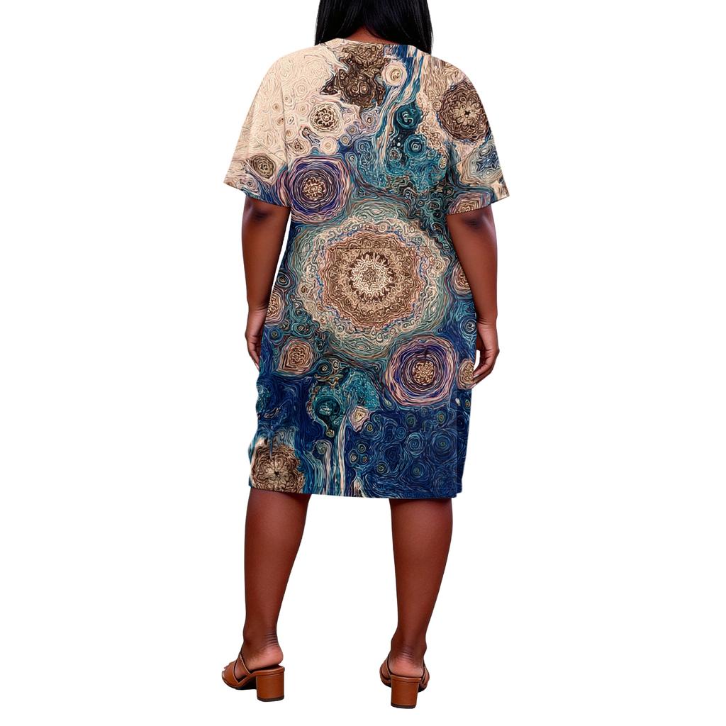 Letní nadměrné velikosti V výstřih krátký rukáv ke kolenům kapsa potisk ležérní šaty pro ženy