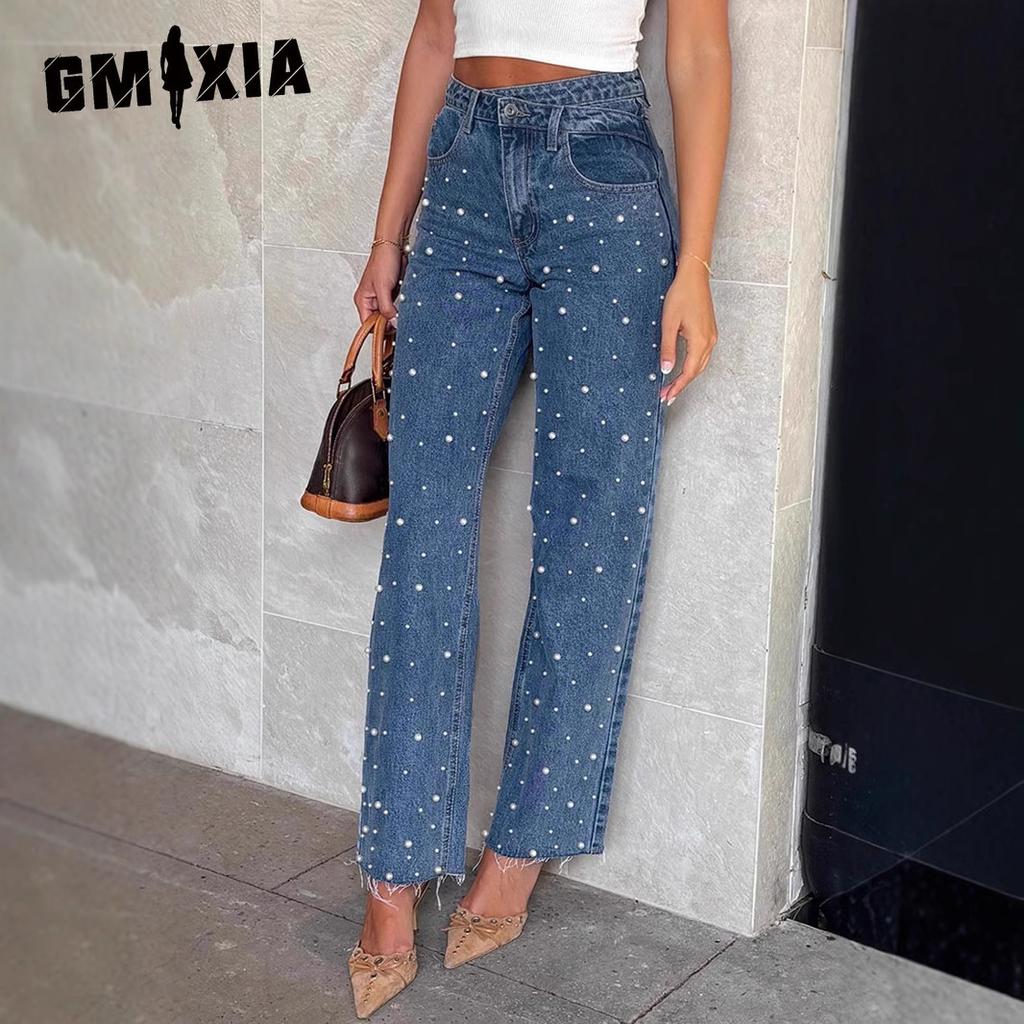 GMXIA Damen Schräge Taille Überkreuzt Vintage Perlenbesetzt Gerade Raw Edge Denimhose
