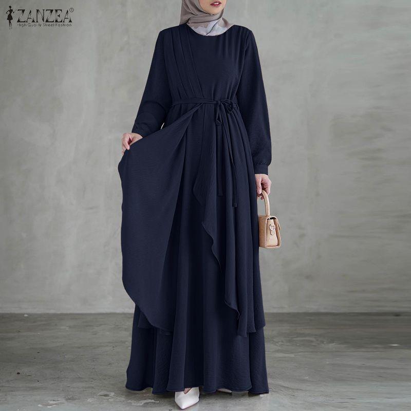 ZANZEA Women Casual Round Neck Long Sleeve Loose Muslim Dress