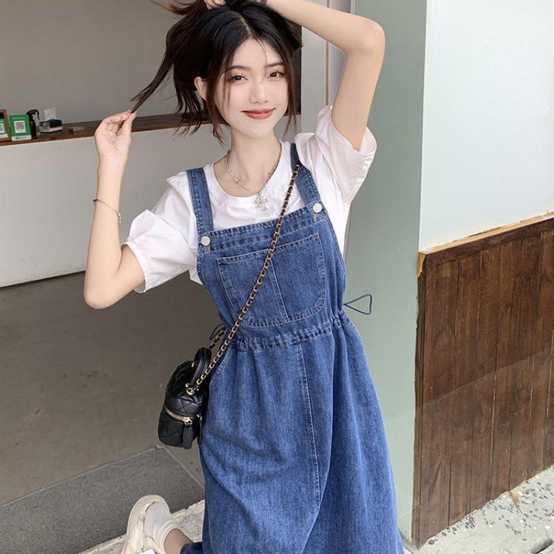 Women's Denim Suspender Skirt Spring Summer Causal Strap Female High Waist A-line Solid Lace-up Woman Skirts