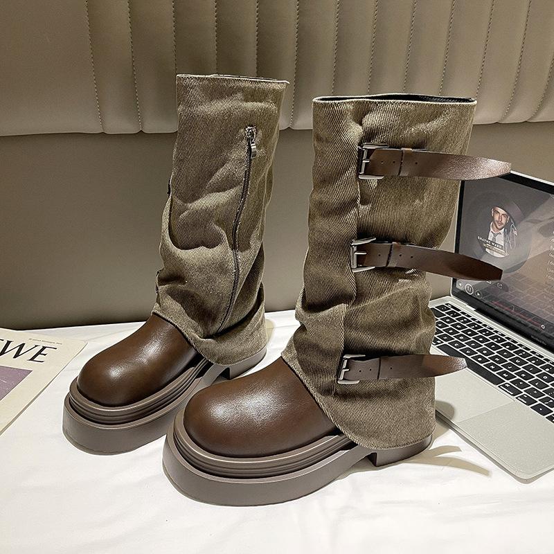 Vintage Western Cowboy Boots Women's Autumn and Winter Boots 2025 New French Heel Medium Boots Belt Buckle Martin Boots